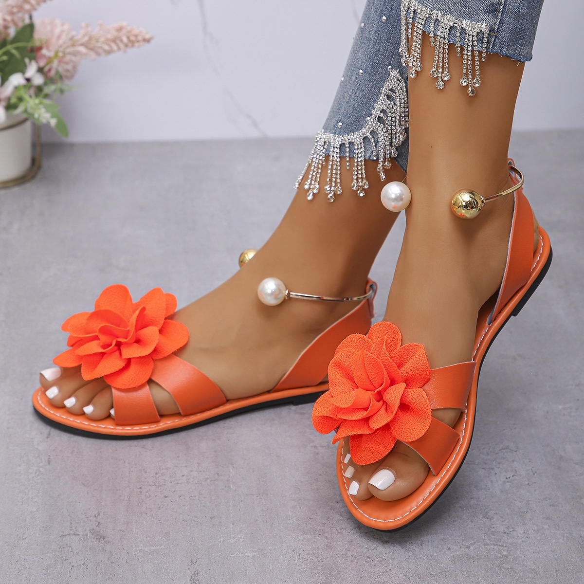 Flower Open Toe Flats Sandals