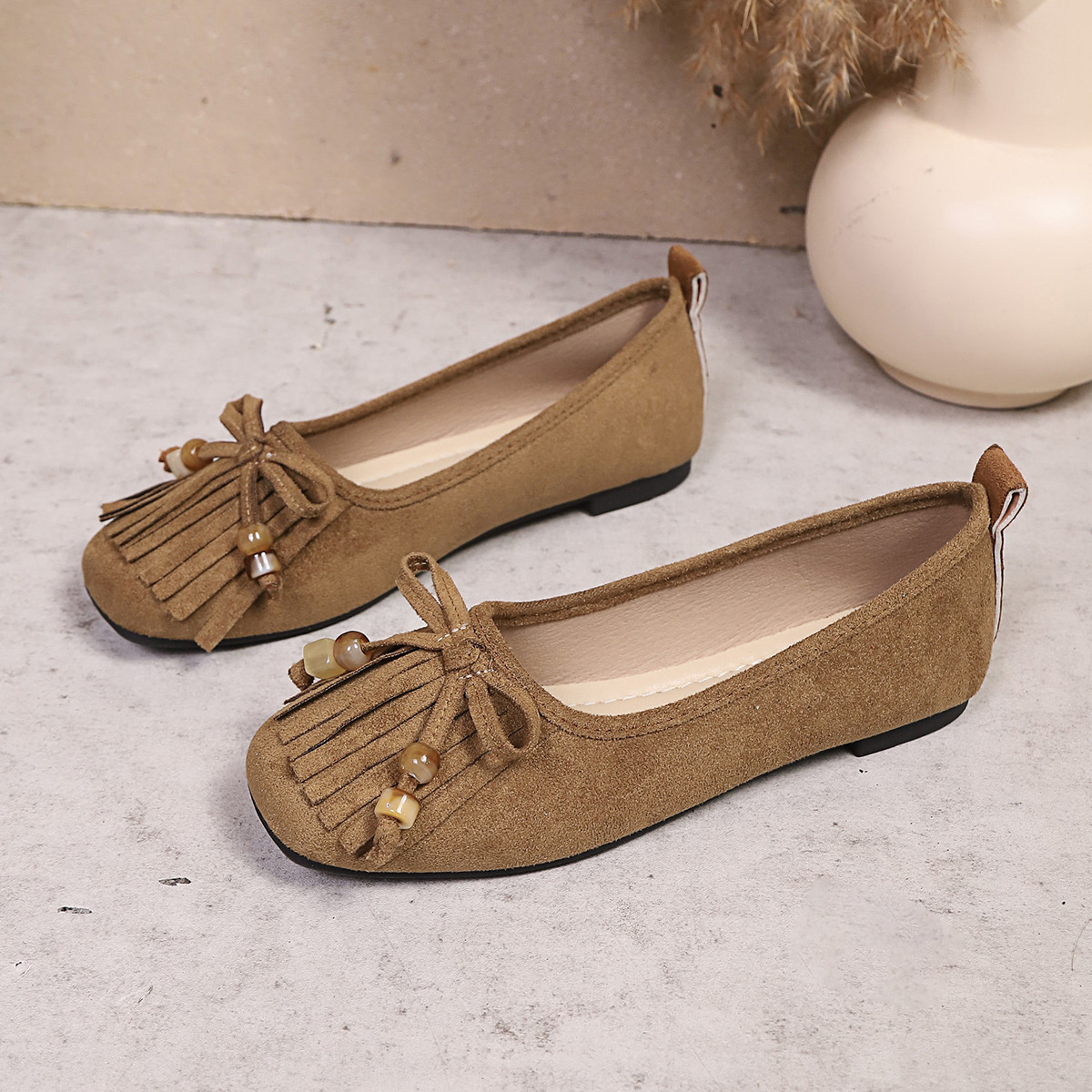 Suede Fringe Slip-Ons