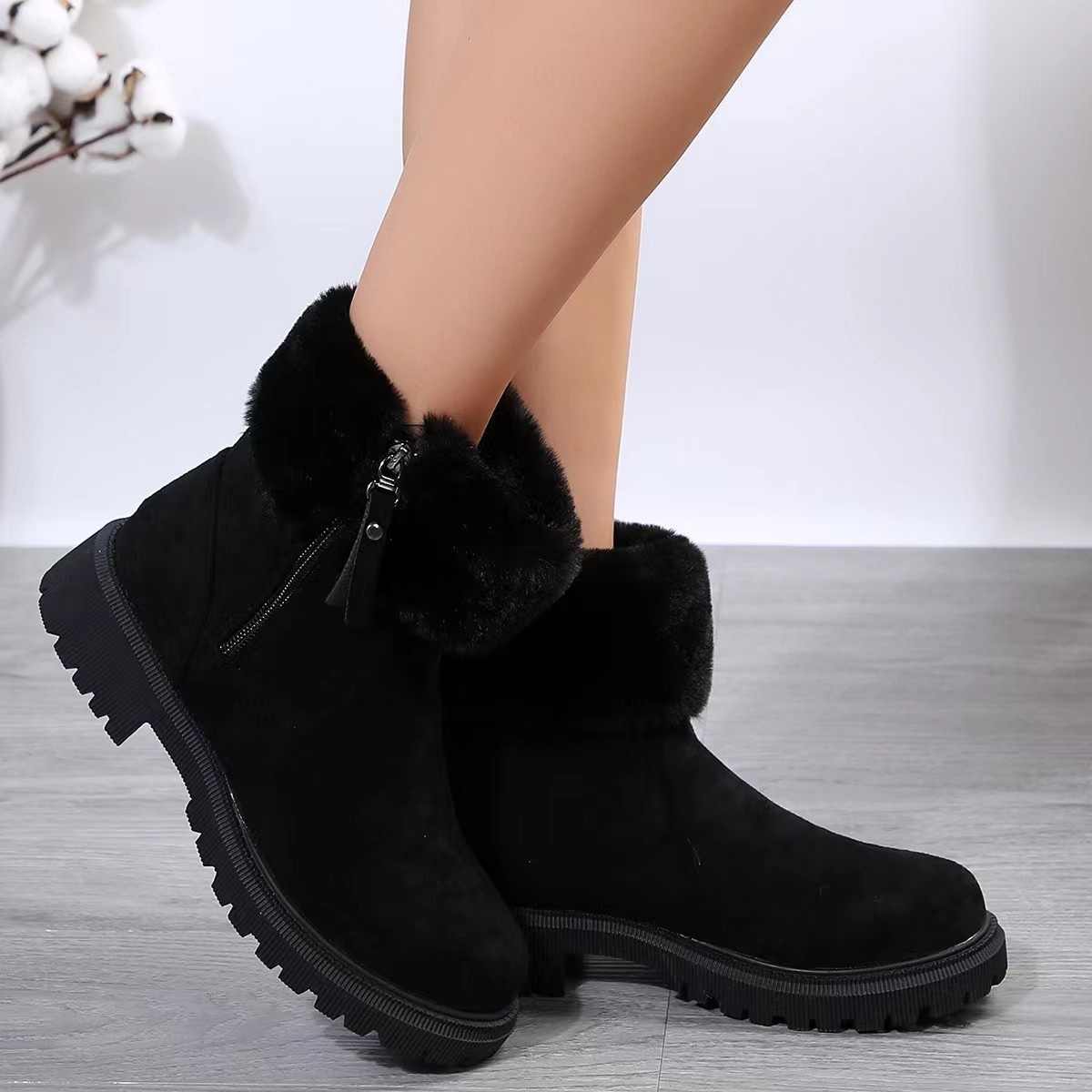 Side Zipper Fuzzy Boots