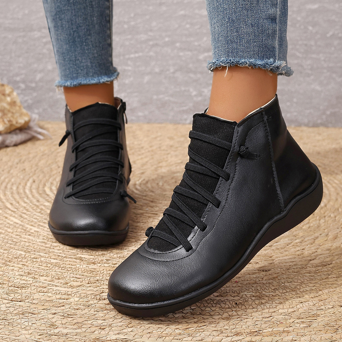 Lace-Up Faux Leather Ankle Boots