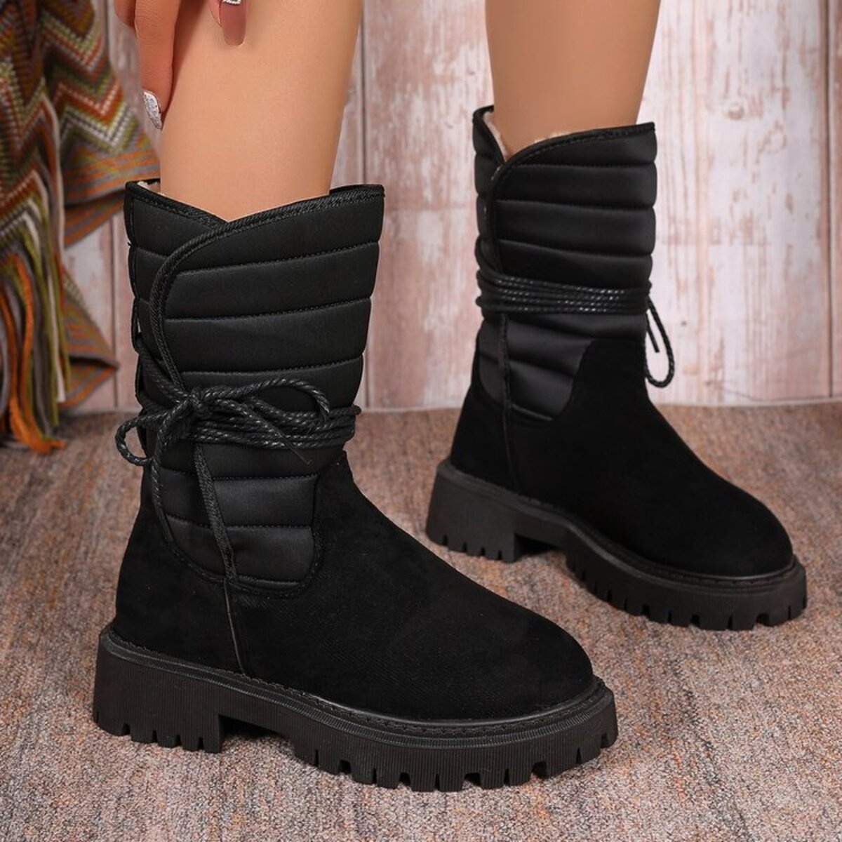 Quilted Lace-Up Mid-Calf Boots