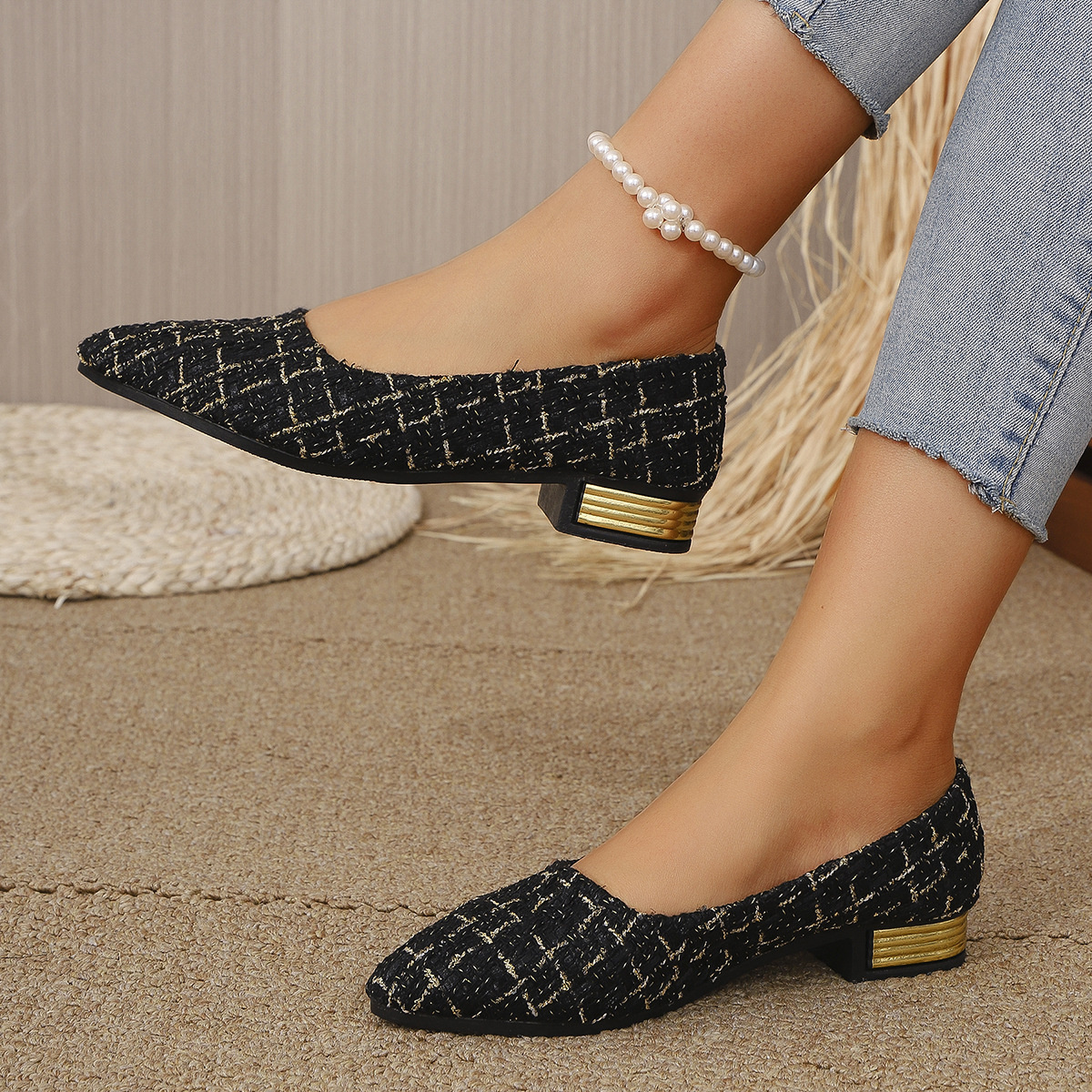 Point Toe Block Heels Slip-Ons