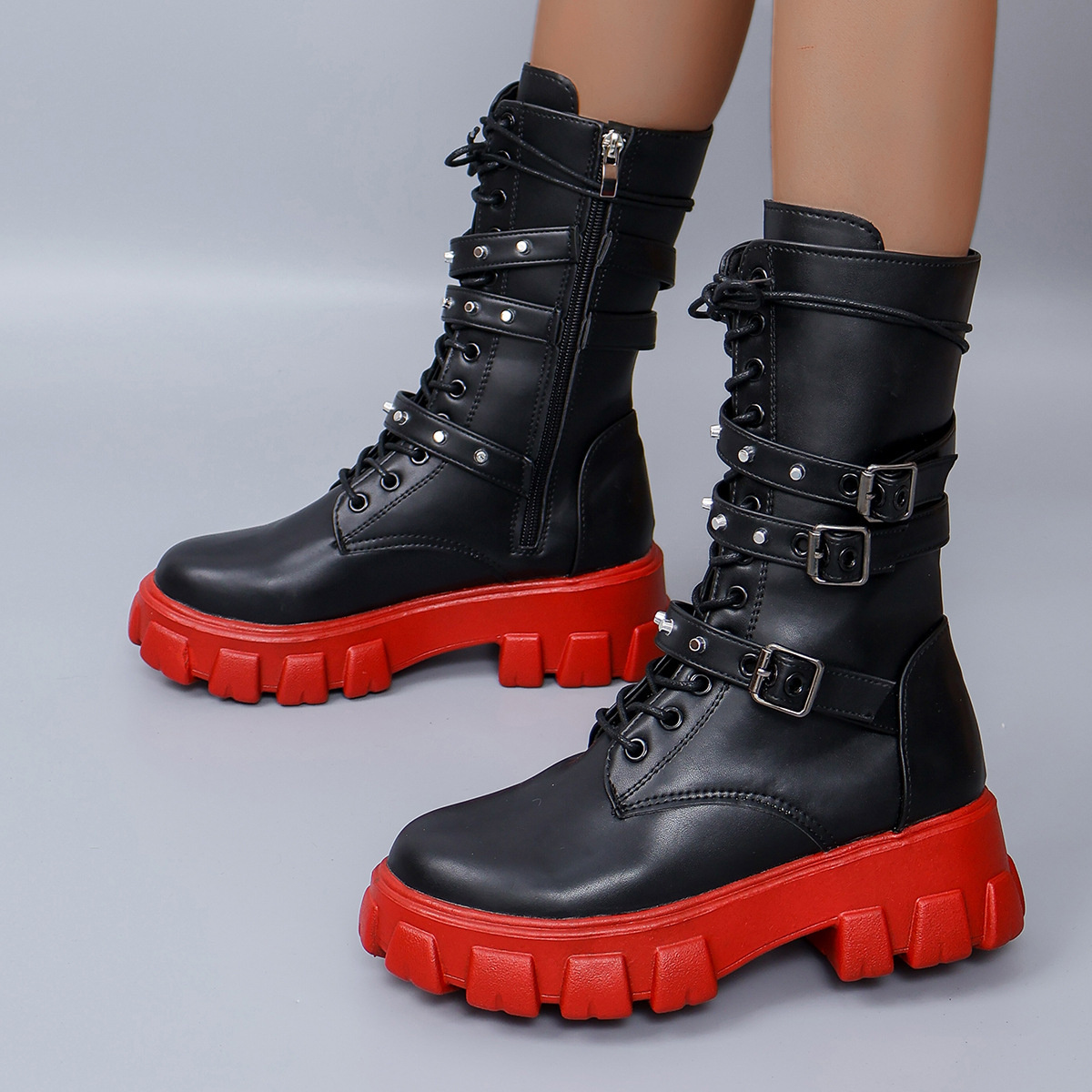 Buckled Lace-Up Combat Boots