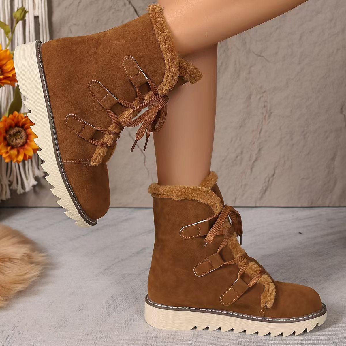 Fuzzy Trim Lace-Up Boots