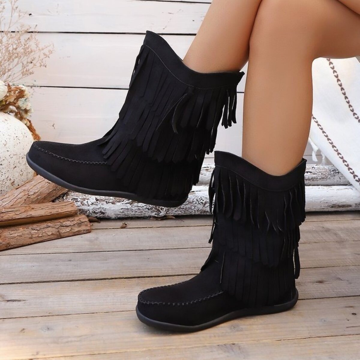 Fringe Round Toe Boots