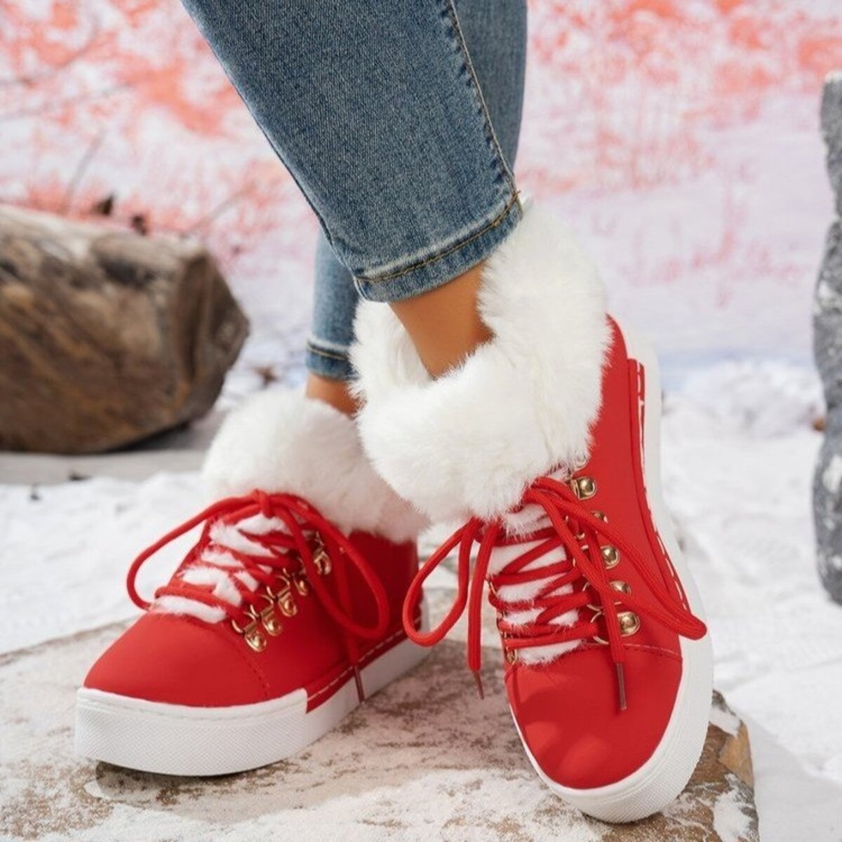 Fuzzy Trim Lace-Up Ankle Boots