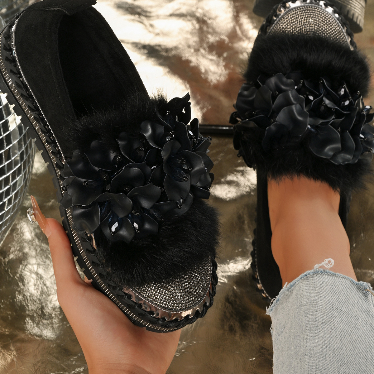 Fur-Trimmed Rhinestone Loafers