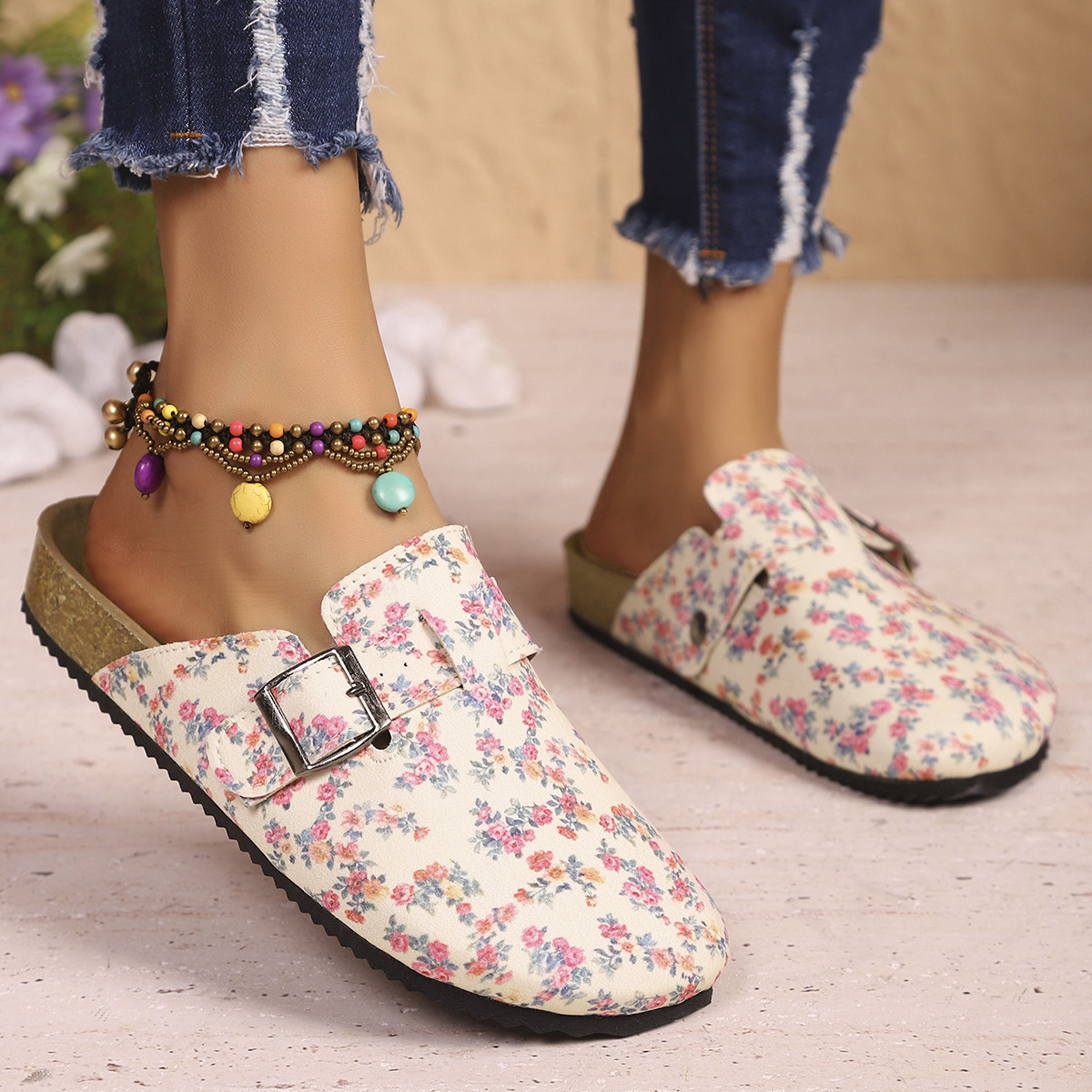 Floral Print Buckle Decor Slip-Ons