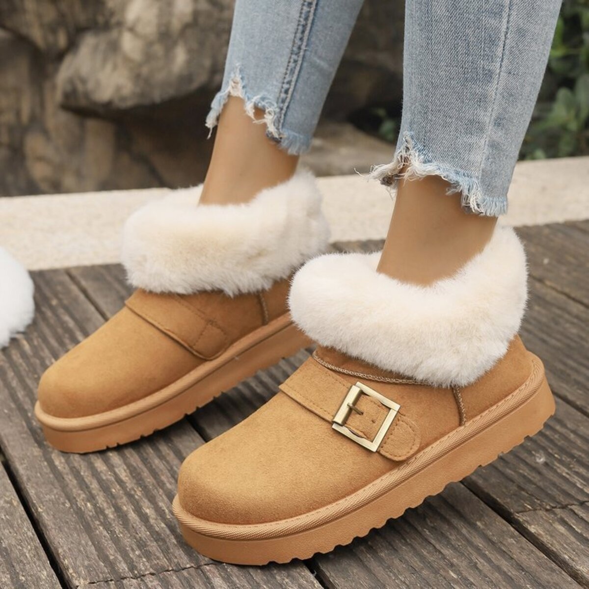 Fuzzy Trim Buckle Accent Winter Boots