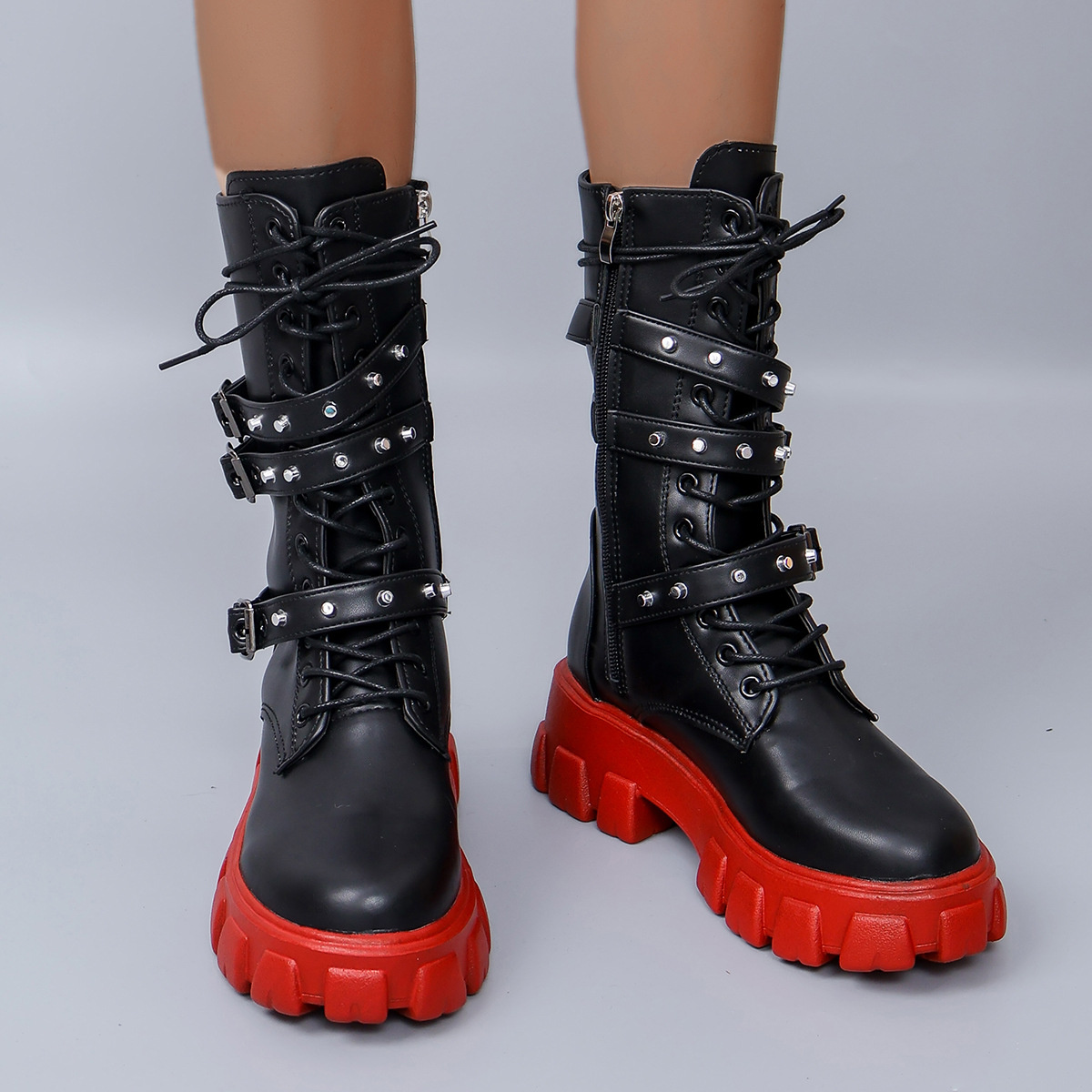 Buckled Lace-Up Combat Boots