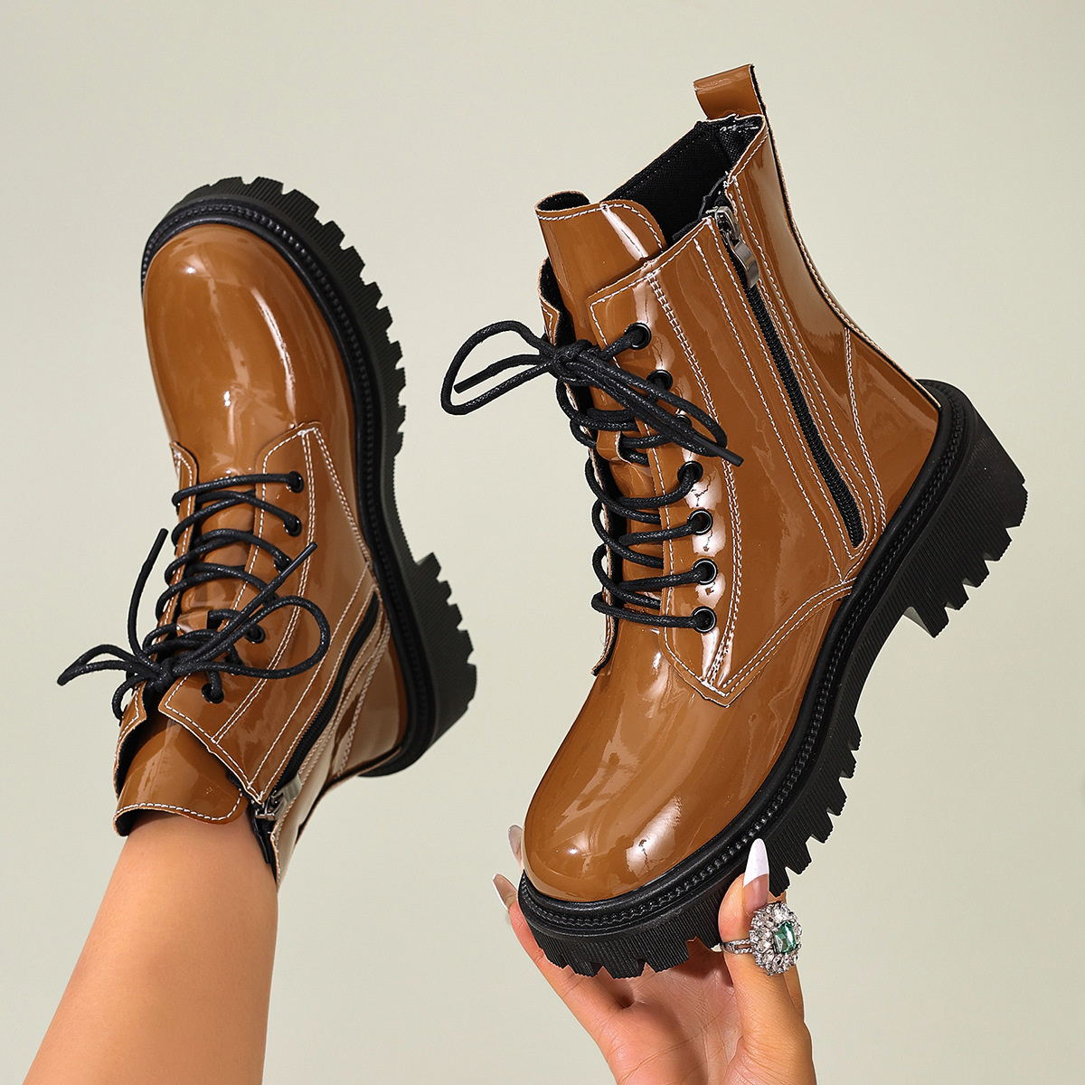 Lace Up Block Heels Boots