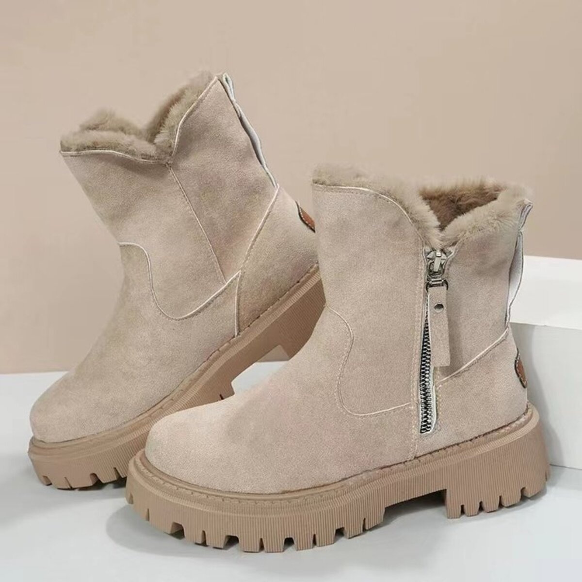 Fuzzy Lined Ankle Boots with Zipper