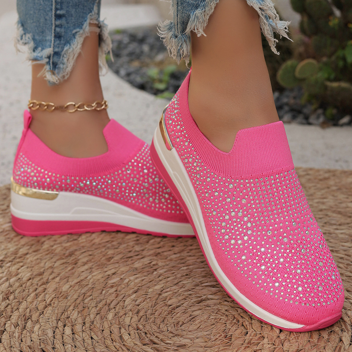 Rhinestone Round Toe Slip-Ons
