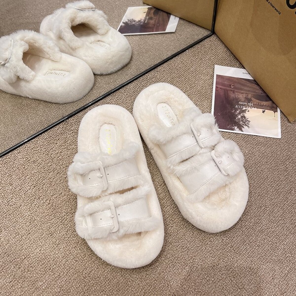 Fuzzy Buckle Detail Slippers