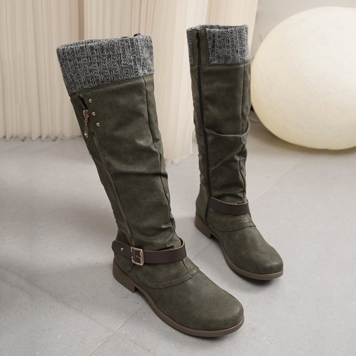 Knee High Slouch Boots with Knit Cuff