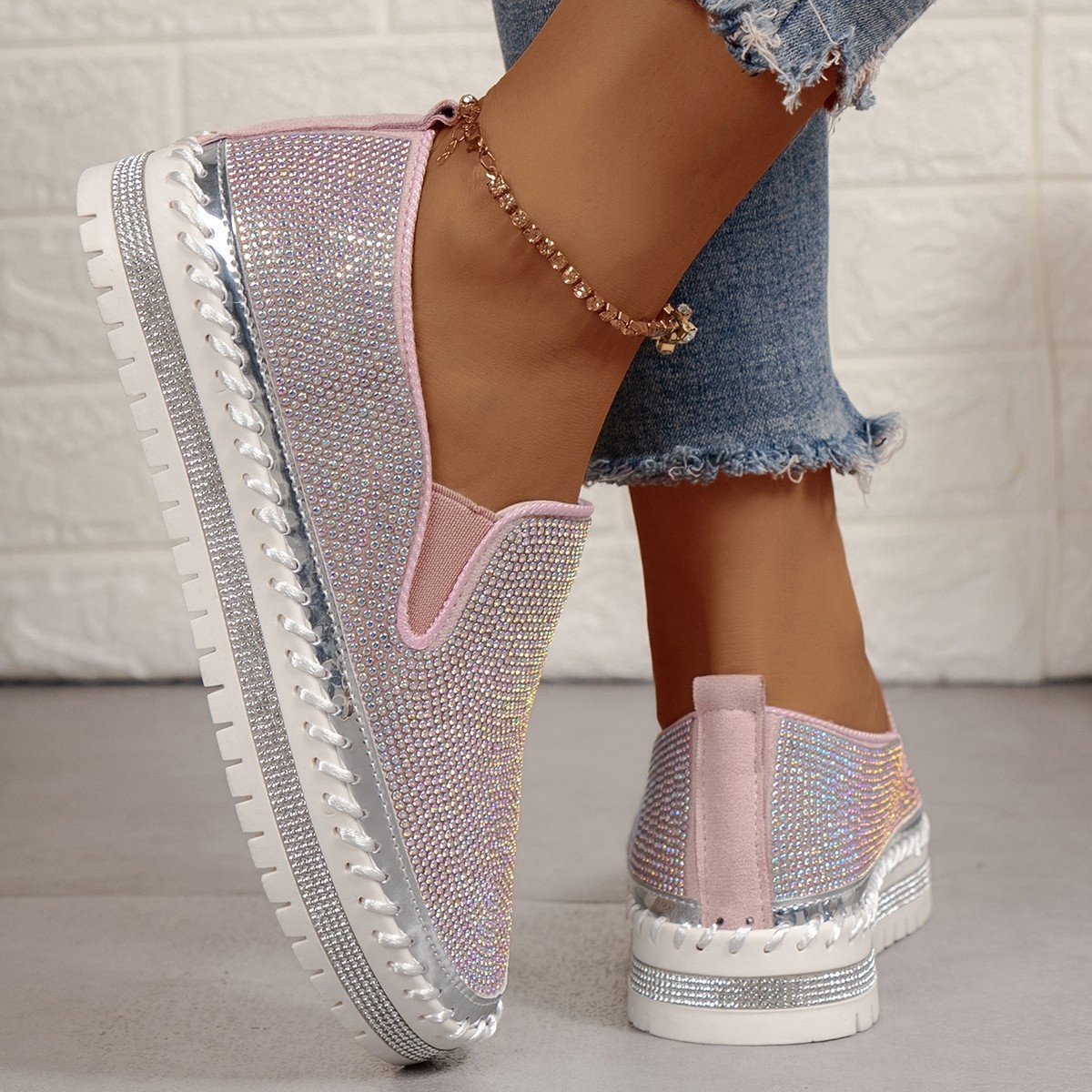 Rhinestone Round Toe Platform Loafers