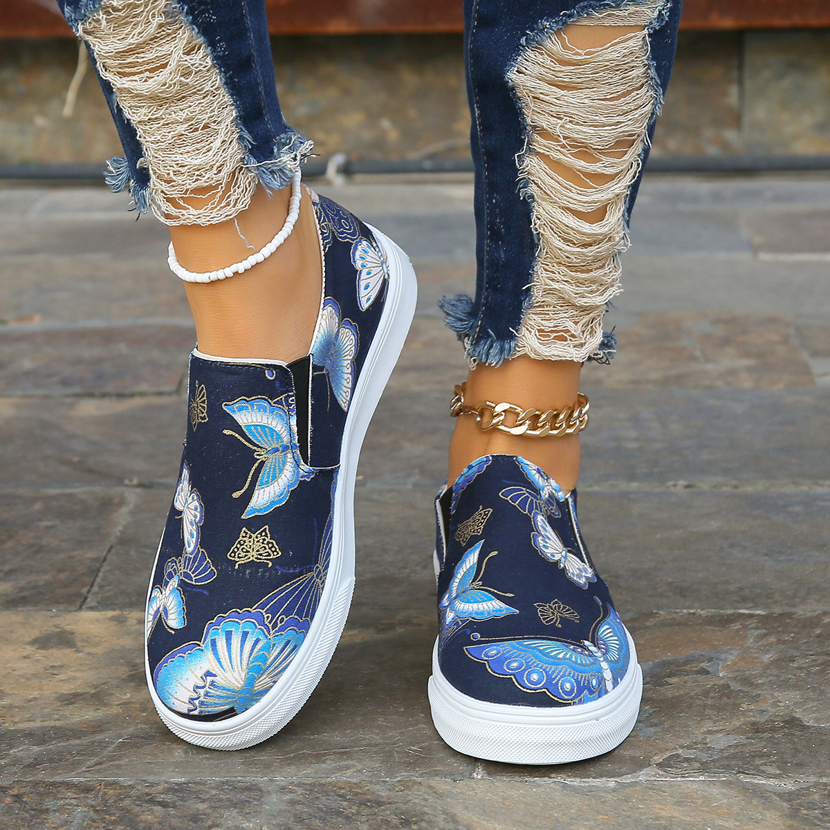 Butterfly Print Round Toe Slip-Ons