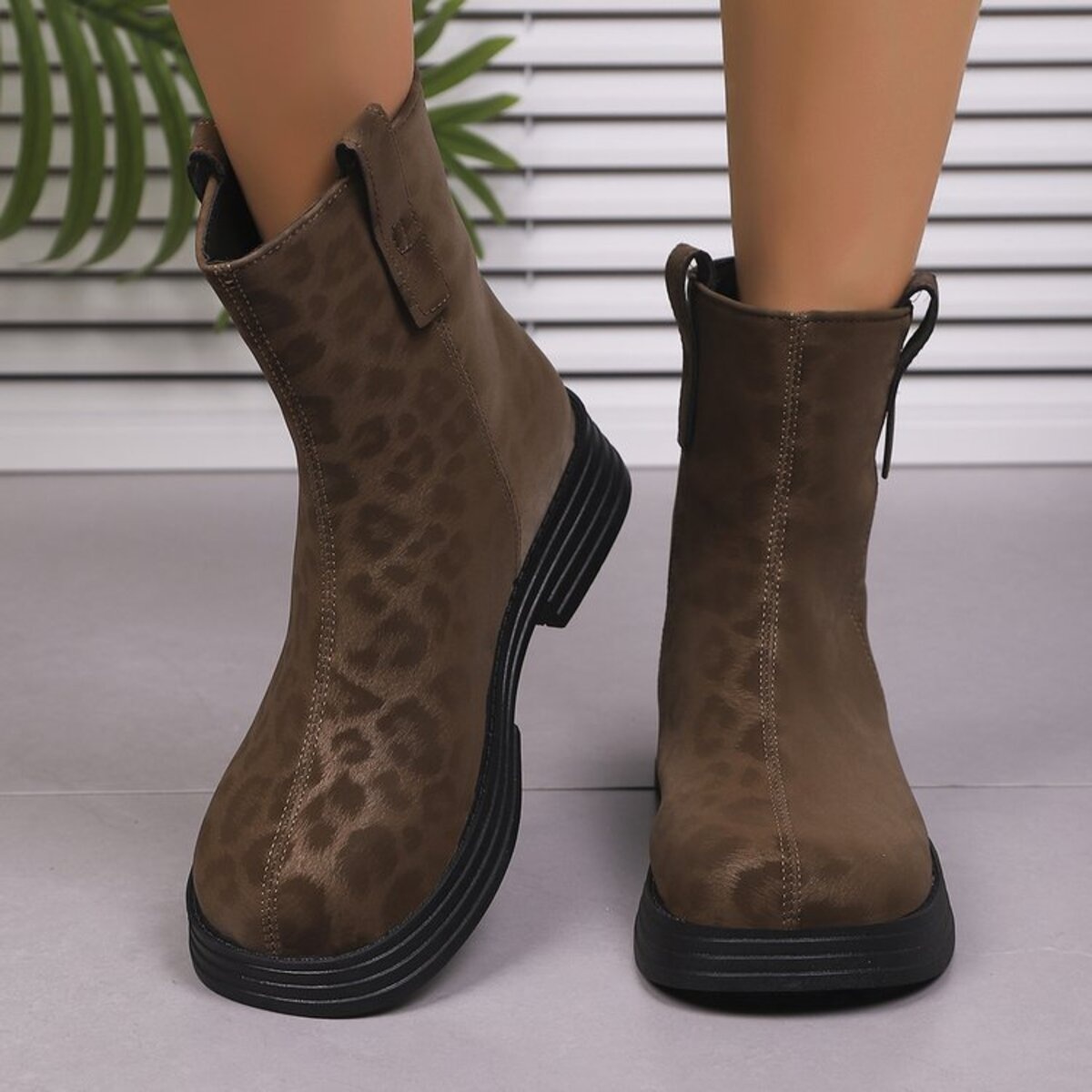 Leopard Round Toe Block Heels Boots