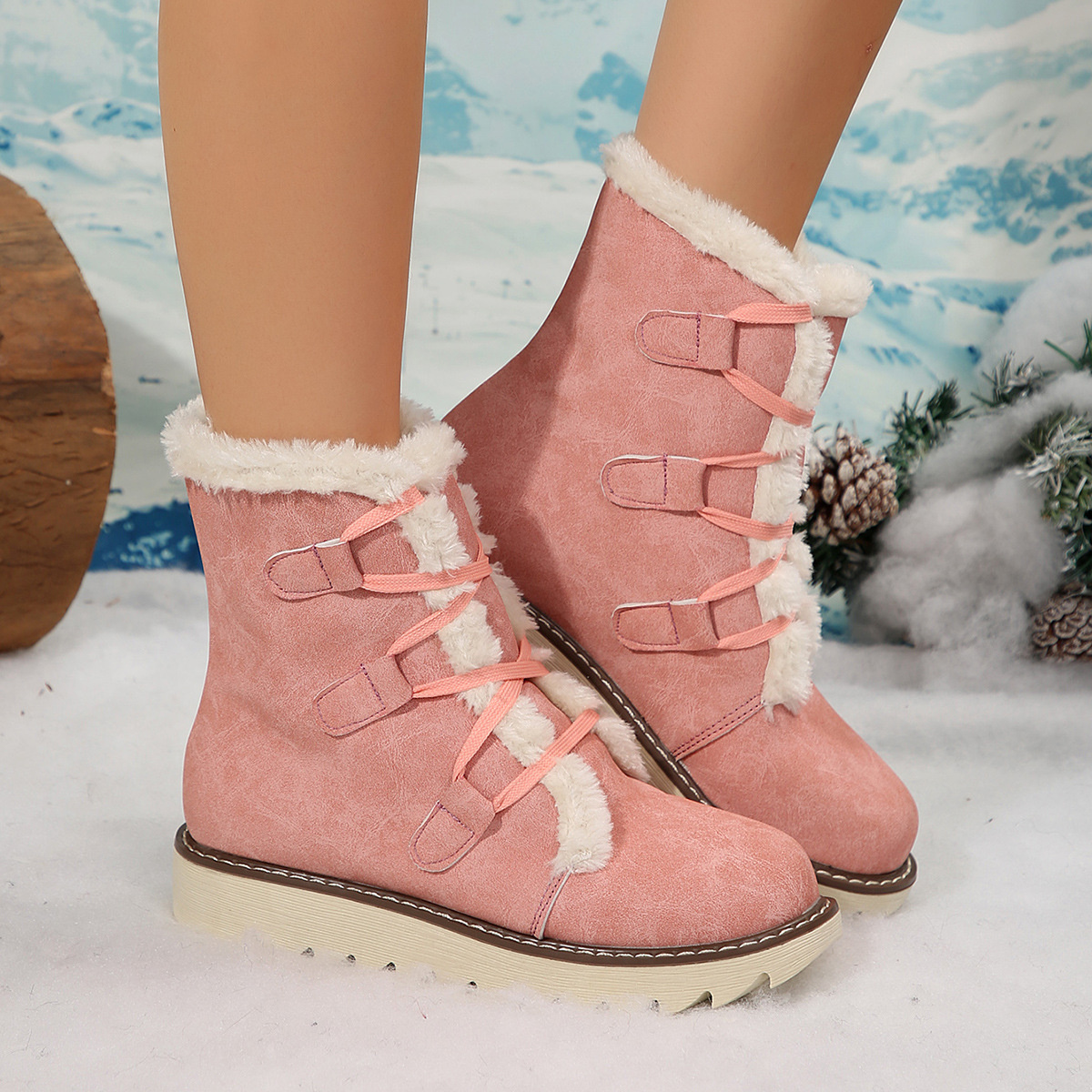 Fuzzy Trim Lace-Up Boots
