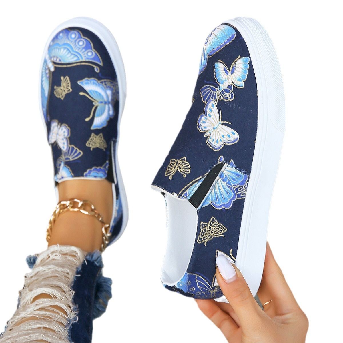 Butterfly Print Round Toe Slip-Ons