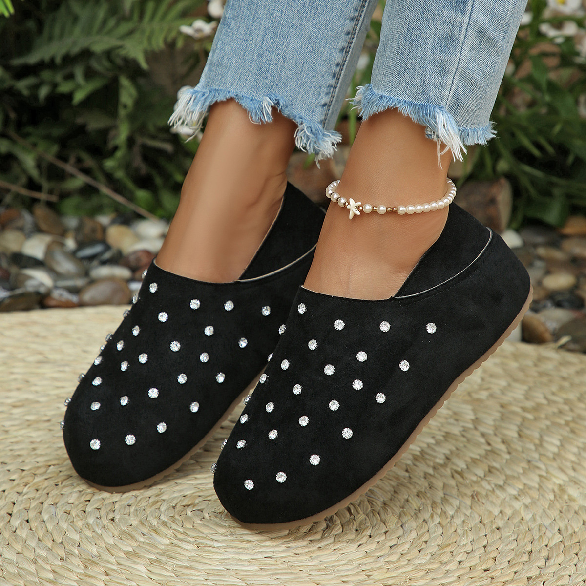 Rhinestone Round Toe Slip-Ons