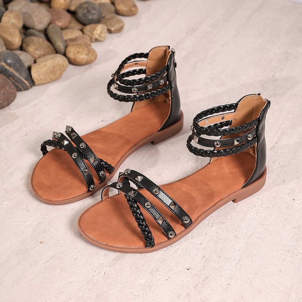 Braided Ankle Strap Studded Sandals