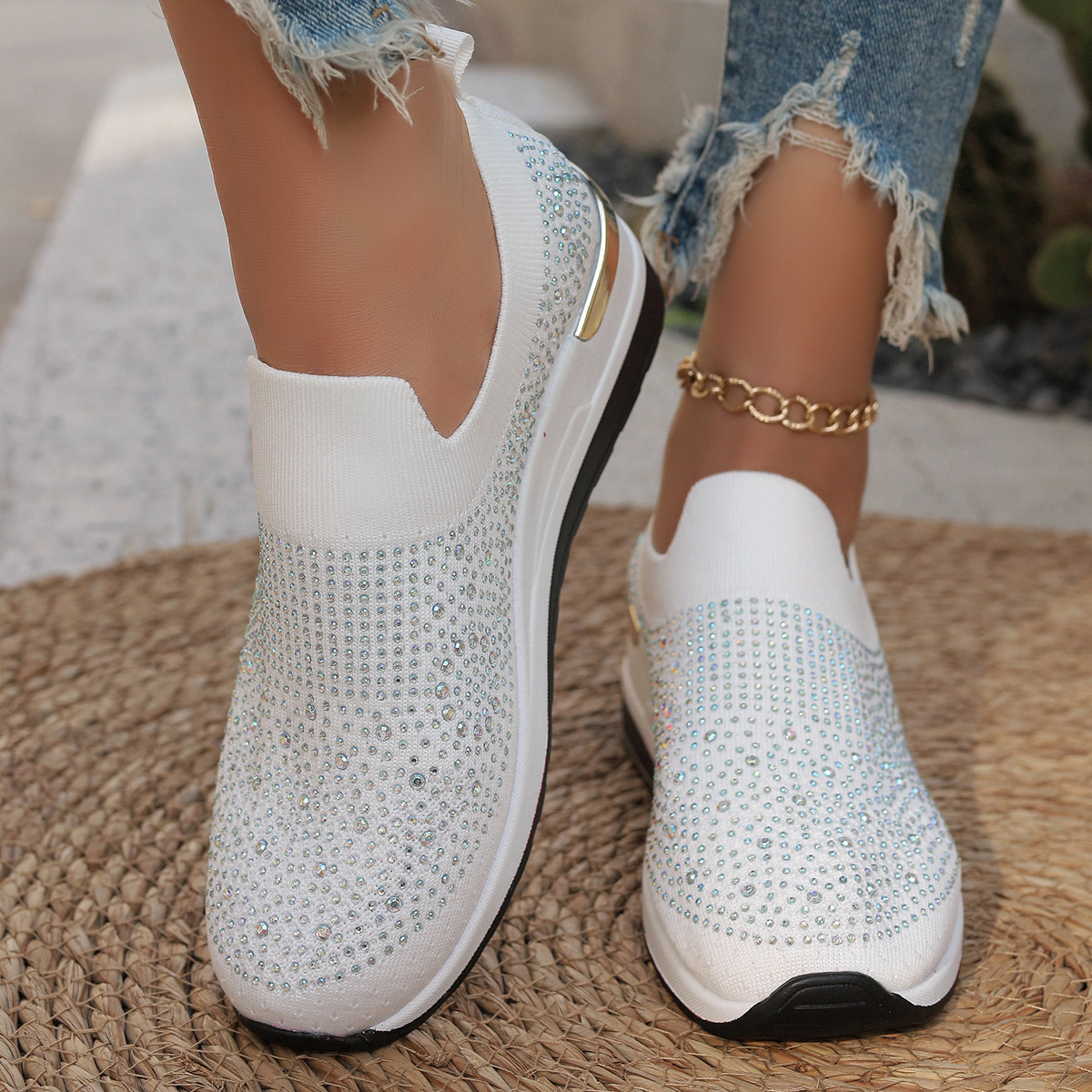 Rhinestone Round Toe Slip-Ons