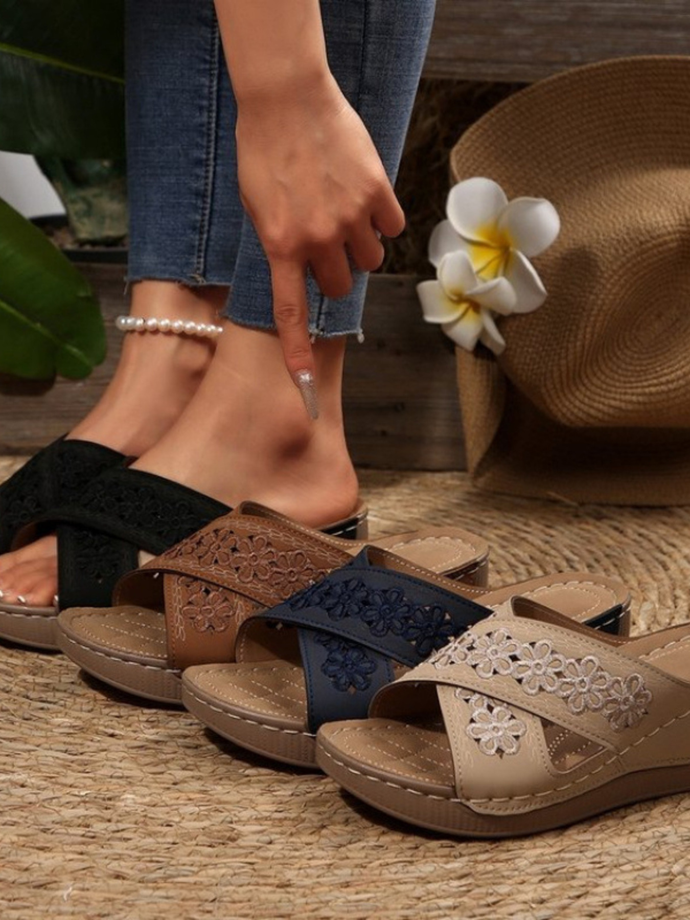 Crisscross Flower Wedge Sandals