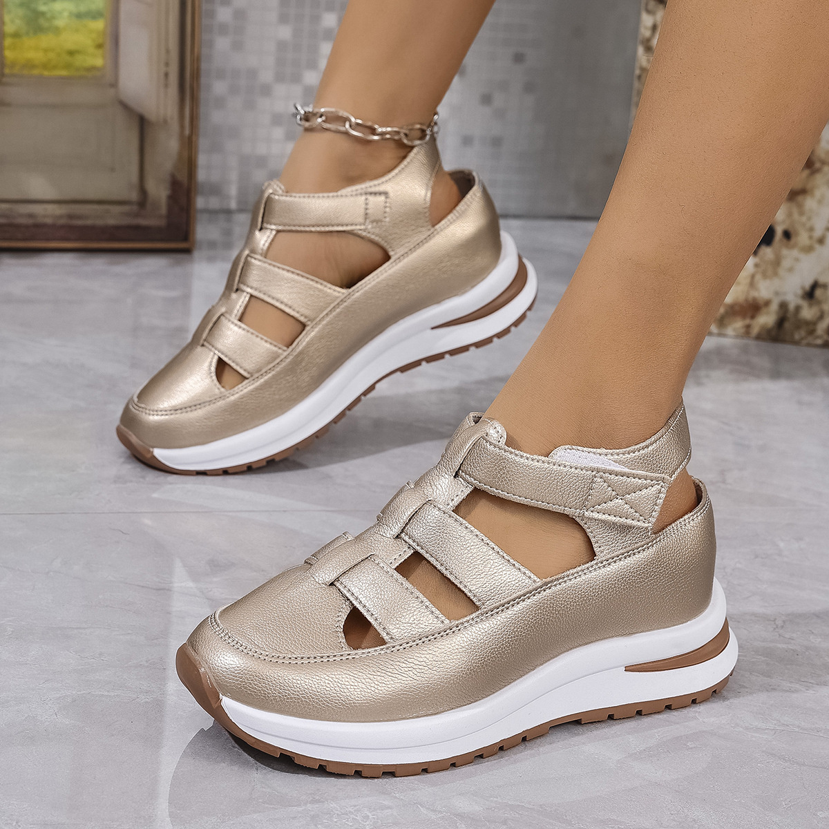 Cutout Wedge Velcro Sandals
