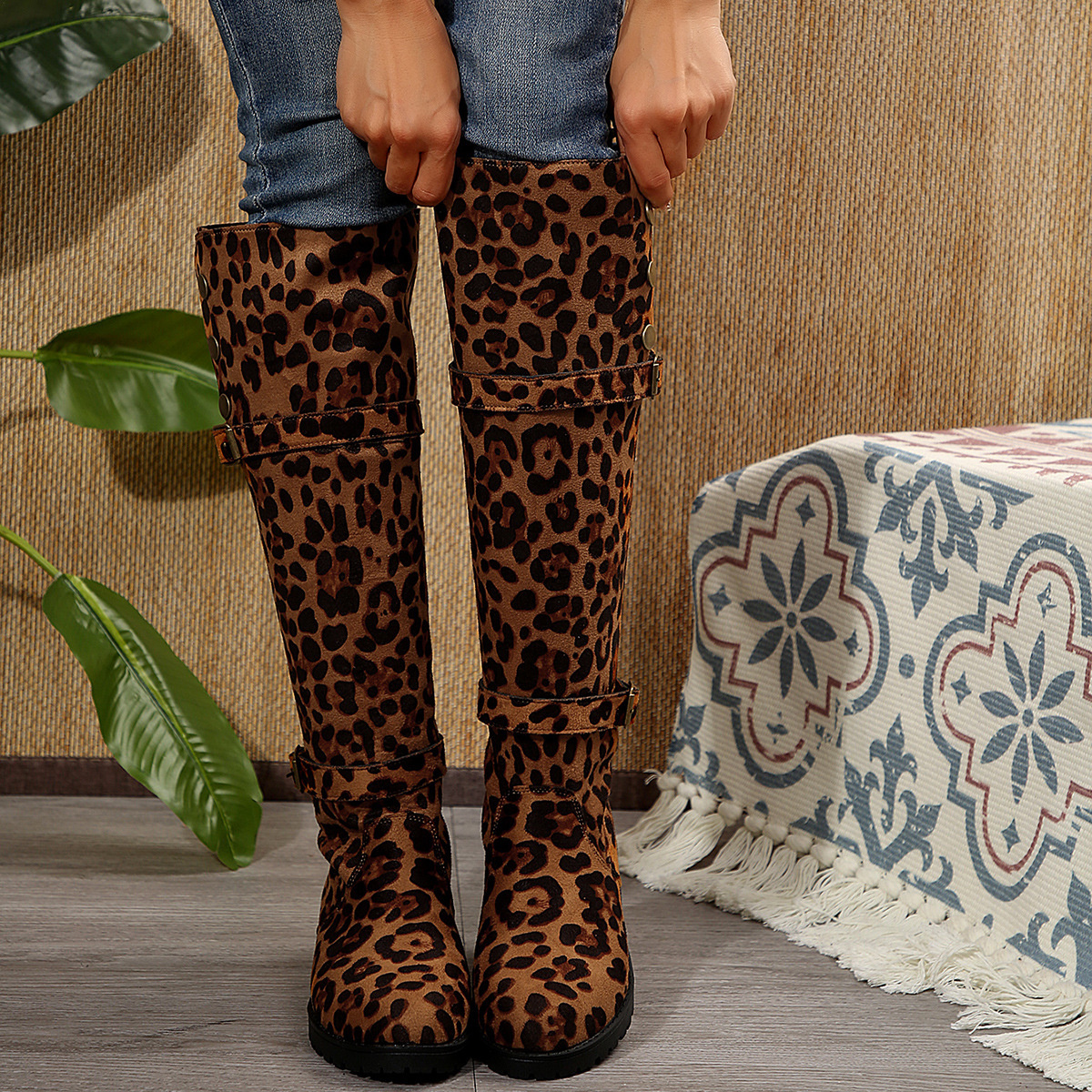 Leopard Block Heels Boots