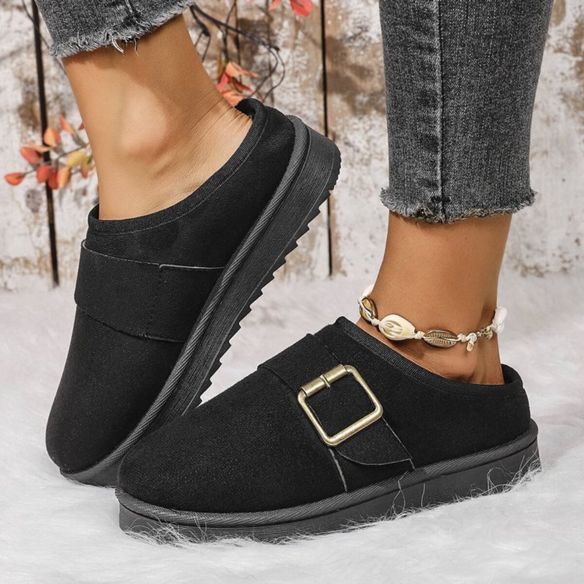 Buckle Decor Plush Lined Warm Slippers