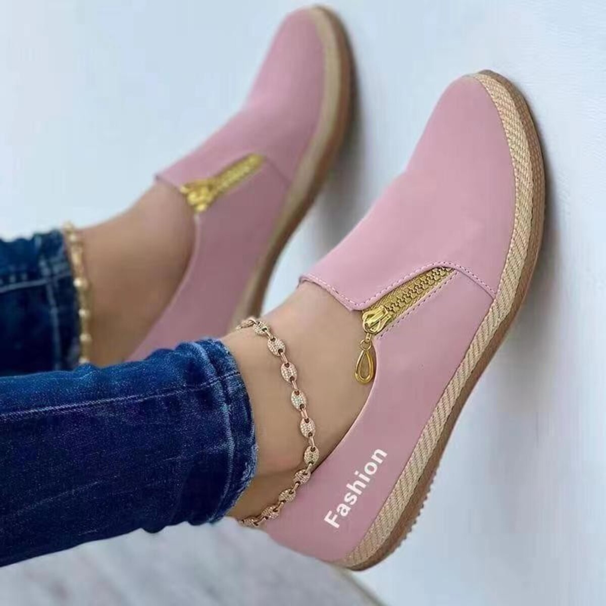 Zip Detail Round Toe Slip-Ons
