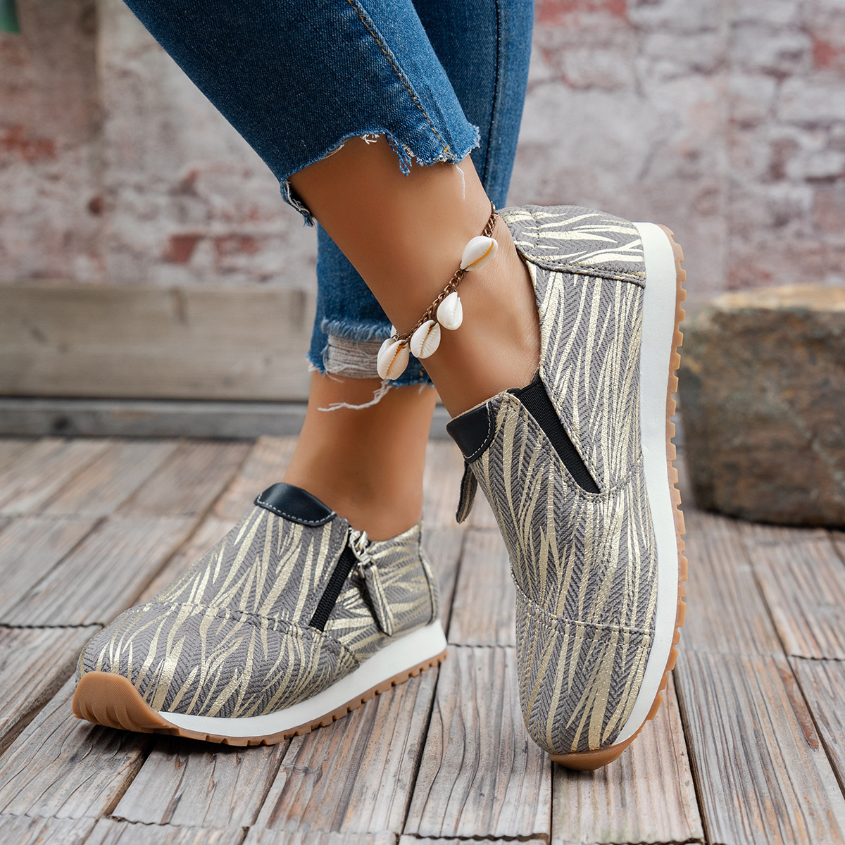 Round Toe Zipper Detail Slip-Ons