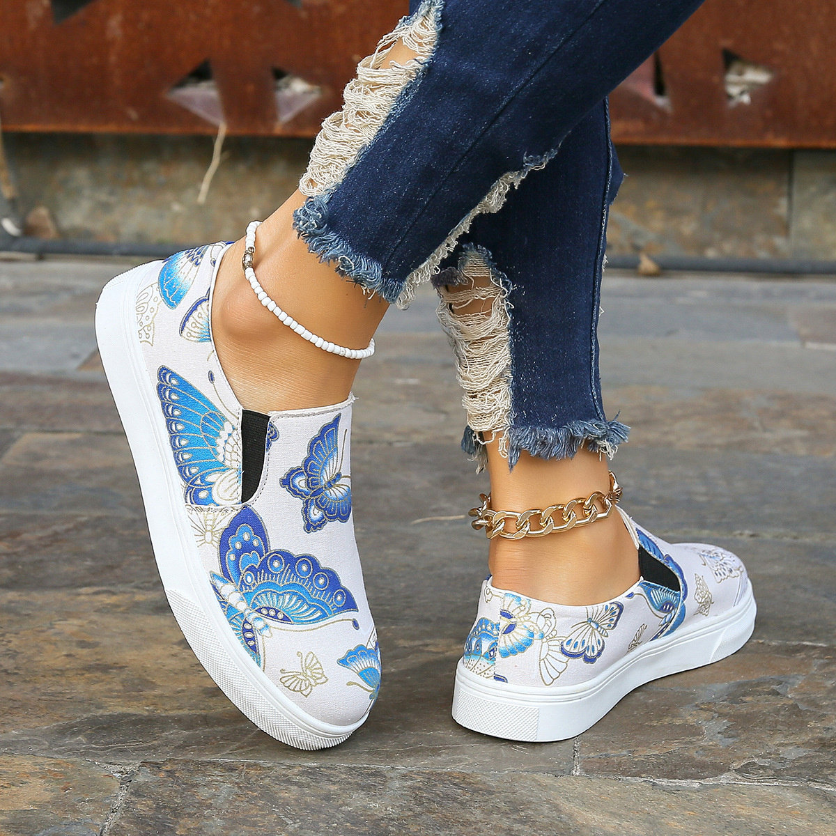 Butterfly Print Round Toe Slip-Ons