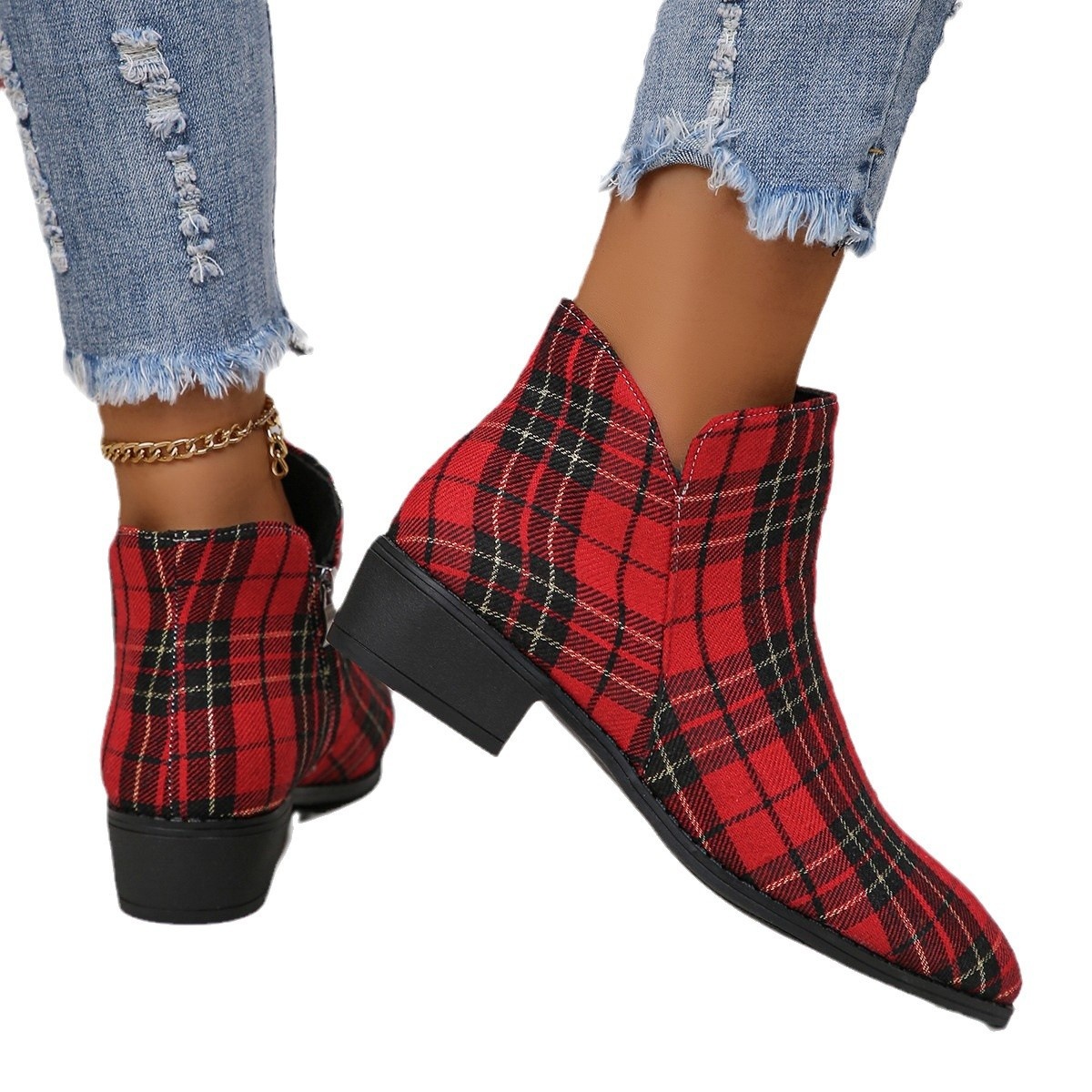 Plaid Point Toe Ankle Boots