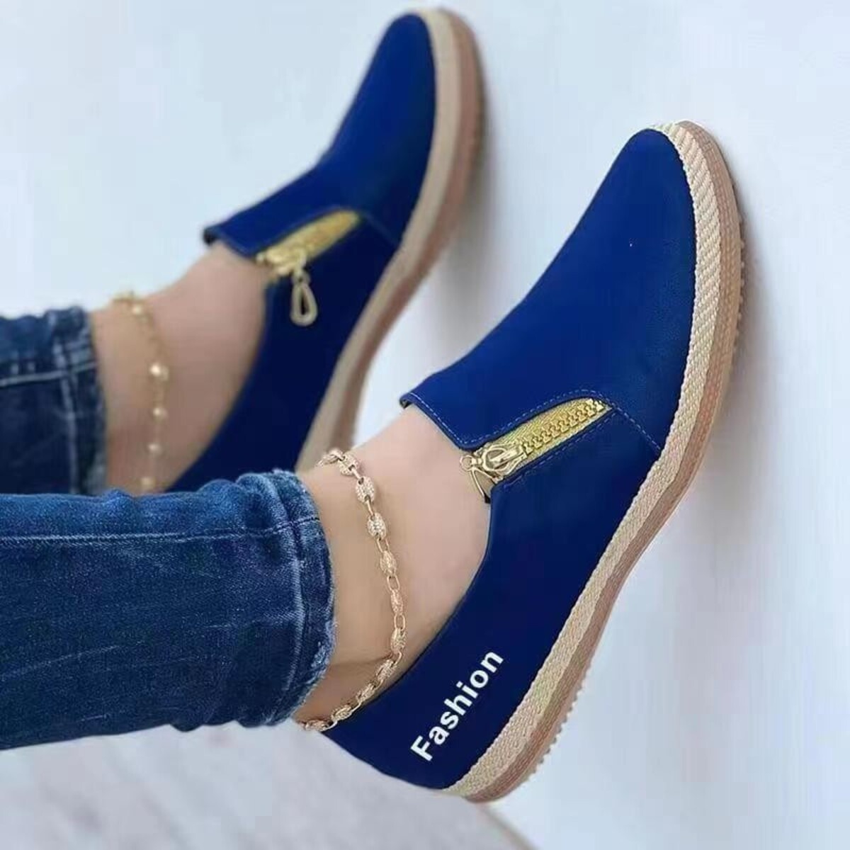 Zip Detail Round Toe Slip-Ons