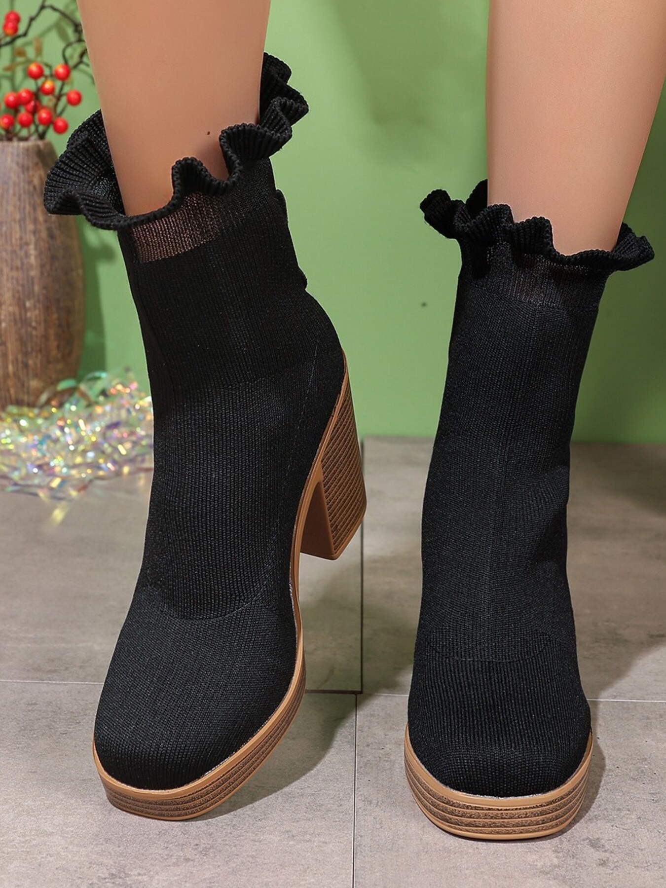 Ruffled Trim Chunky Heel Boots