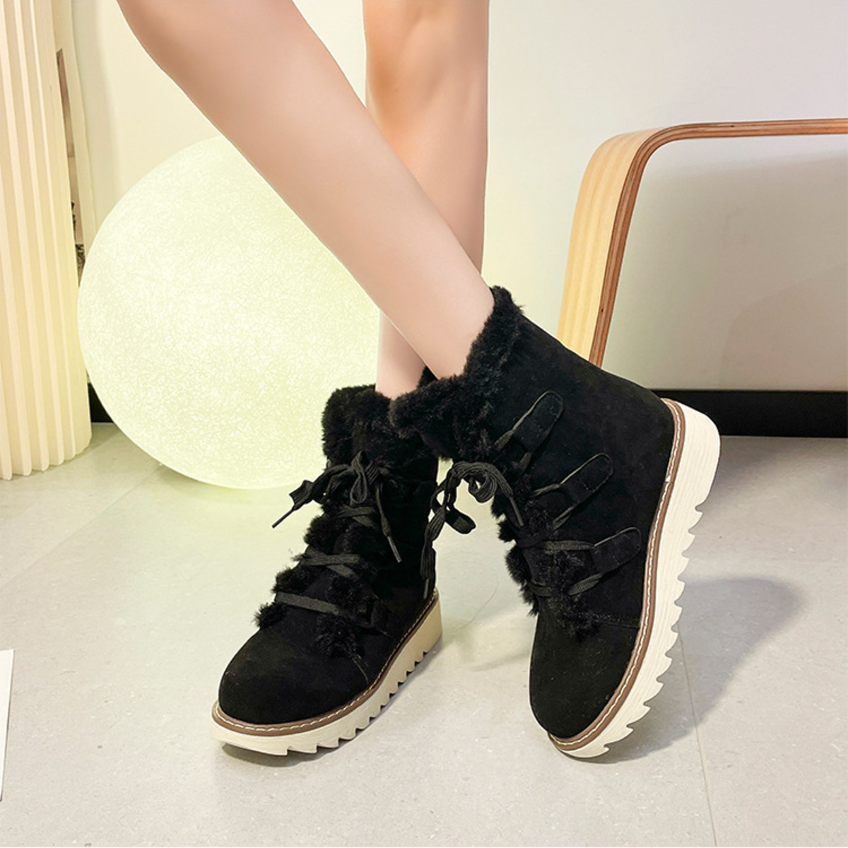 Fuzzy Trim Lace-Up Boots