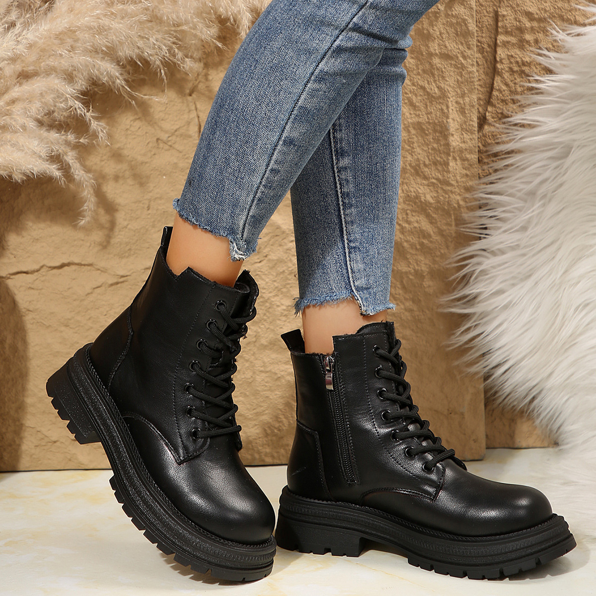 Lace Up Round Toe Platform Boots