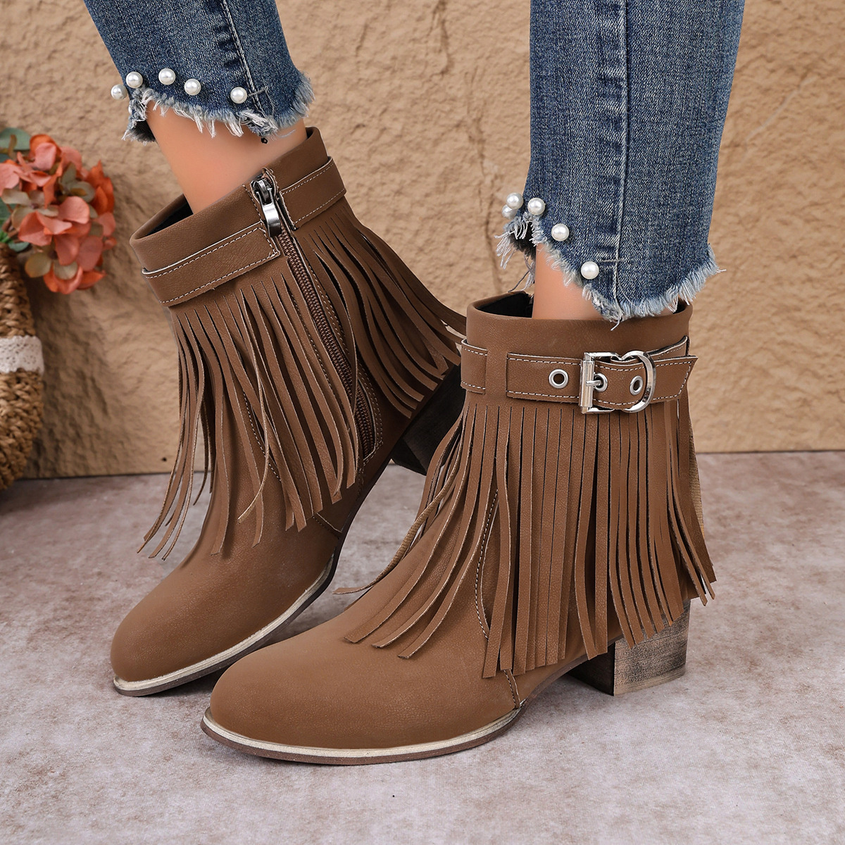 Fringe Ankle Boots with Buckle Detail