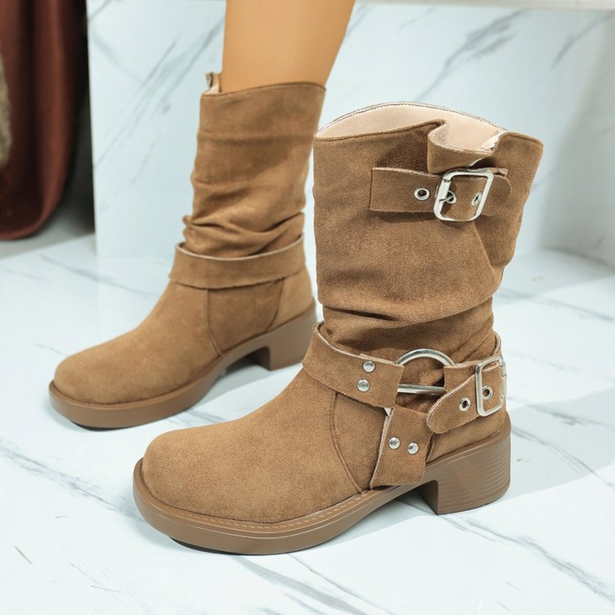 Round Toe Block Heels Boots