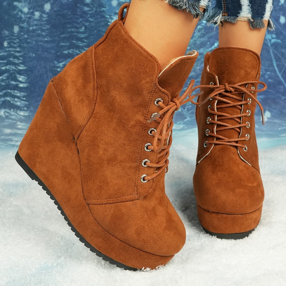 Lace-Up Wedge Ankle Boots