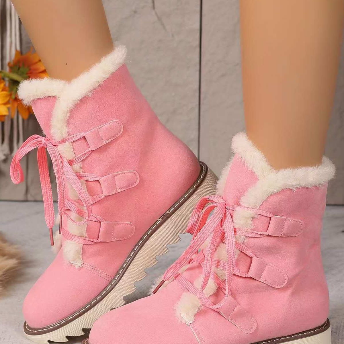 Fuzzy Trim Lace-Up Boots