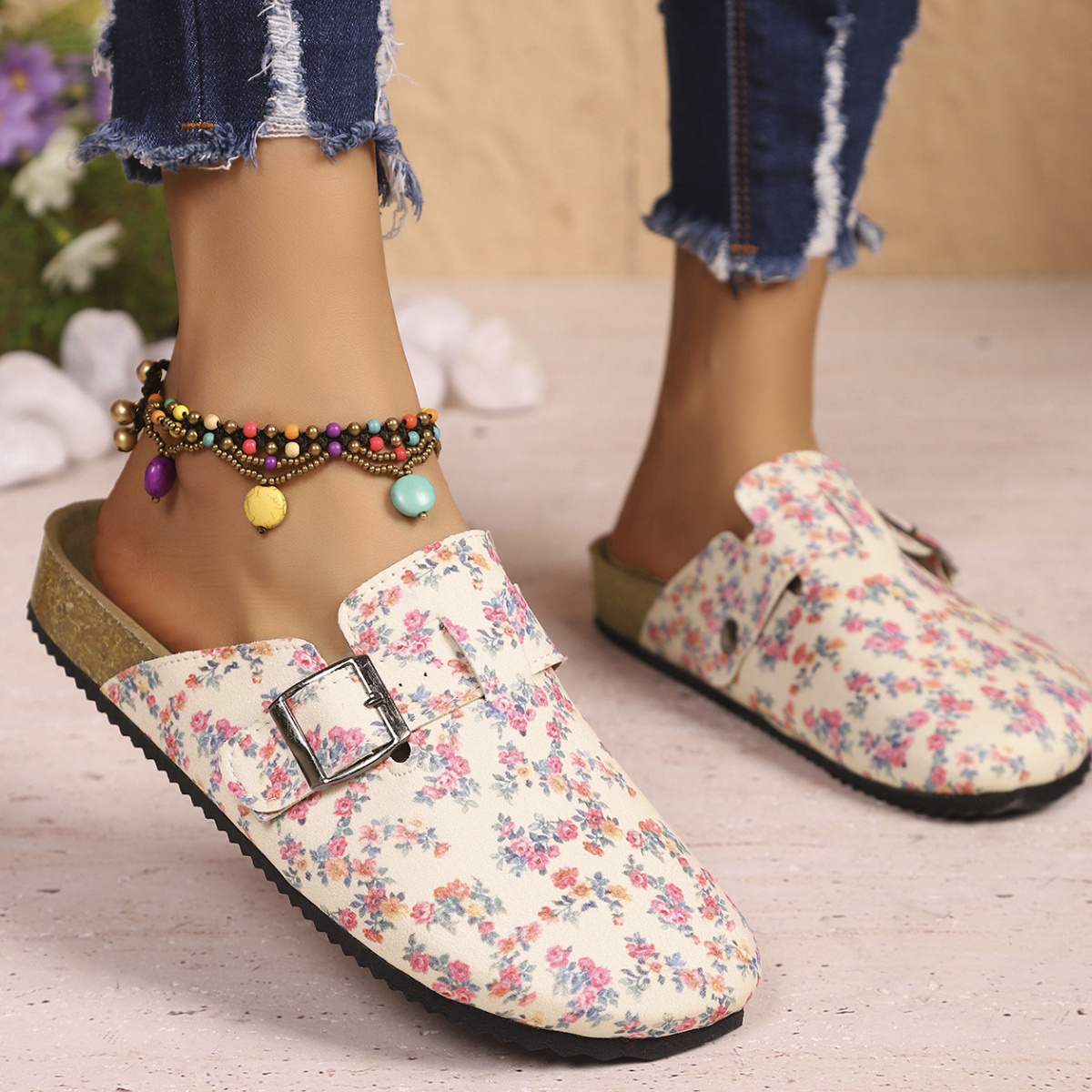 Floral Print Buckle Decor Slip-Ons