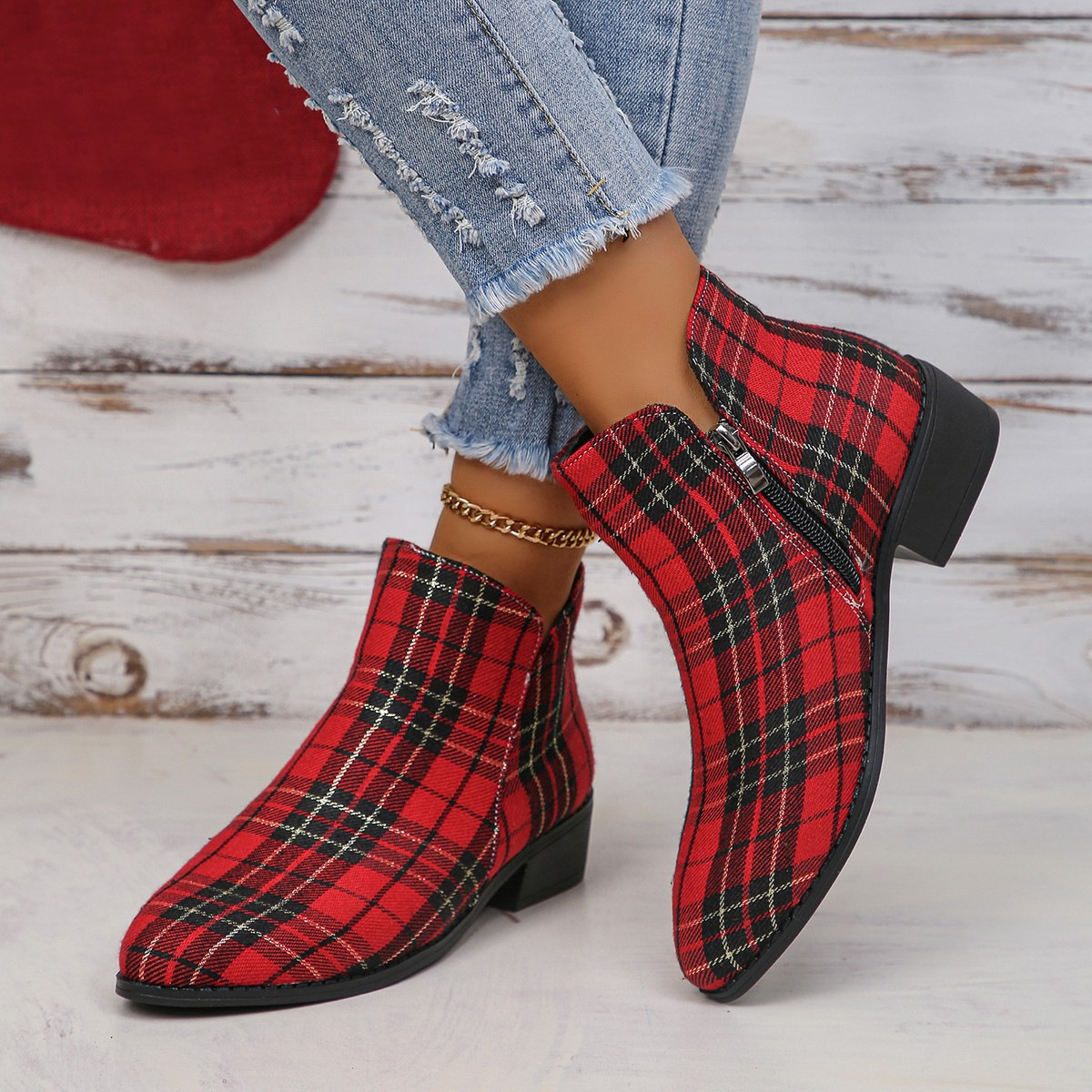 Plaid Point Toe Ankle Boots
