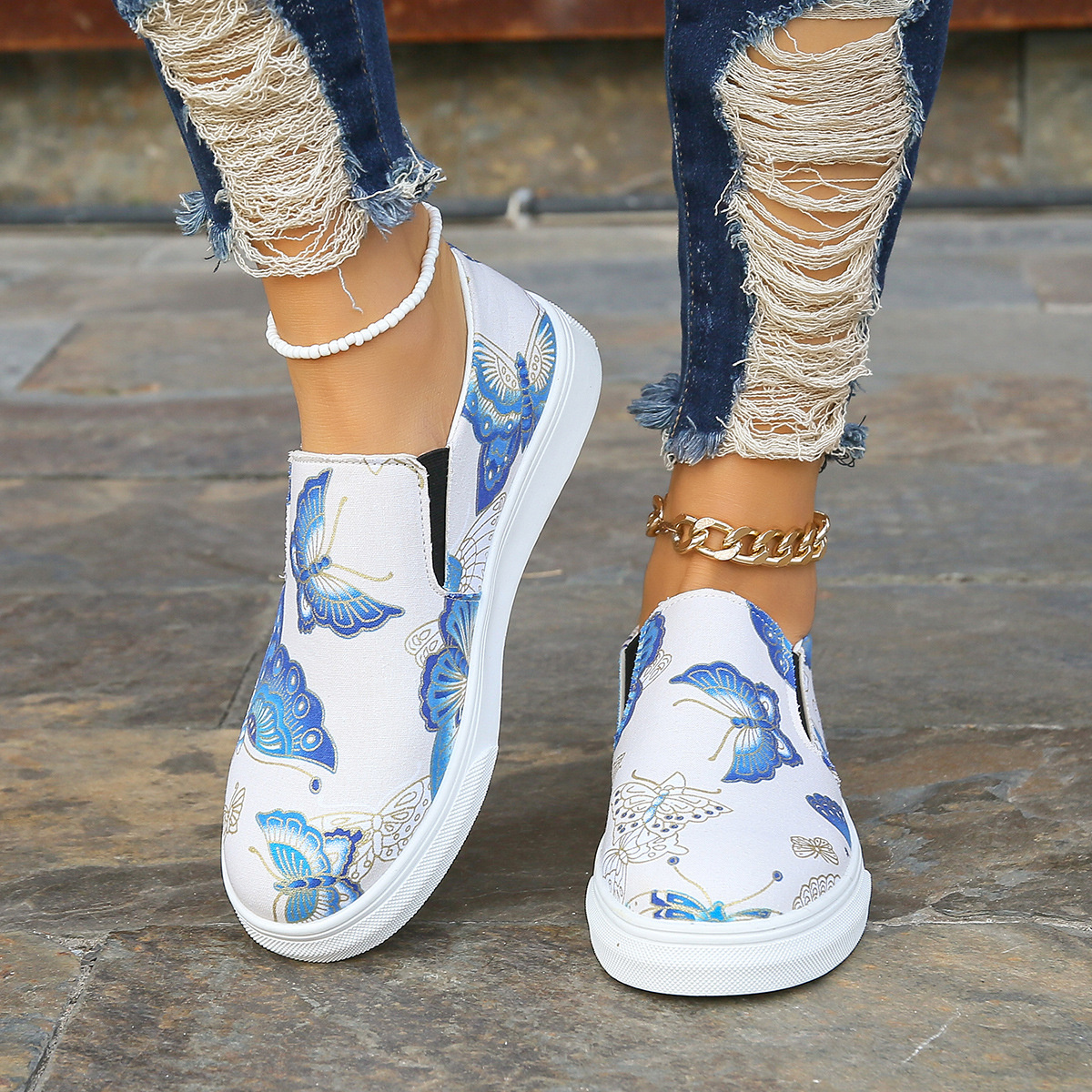 Butterfly Print Round Toe Slip-Ons