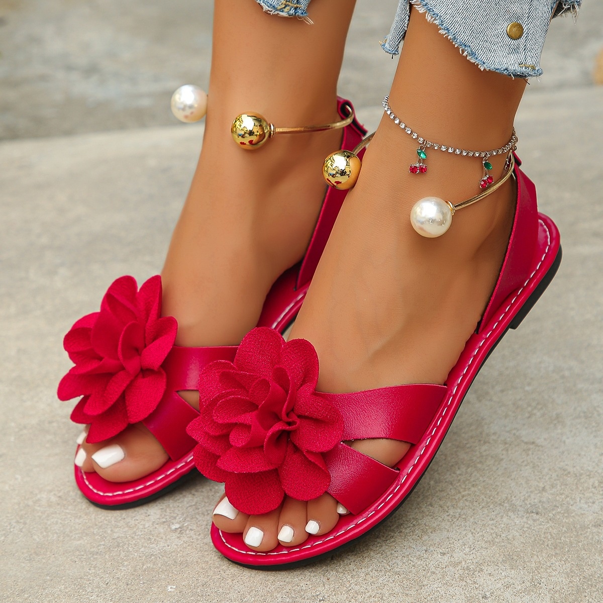 Flower Open Toe Flats Sandals