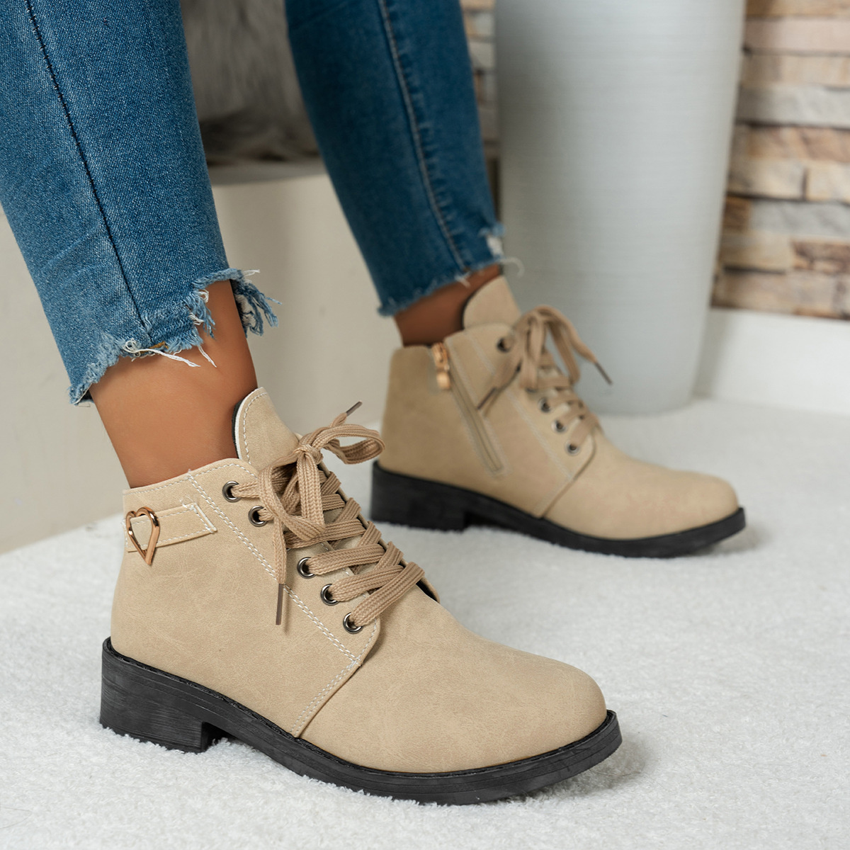 Lace-Up Ankle Boots with Heart Charm Detail