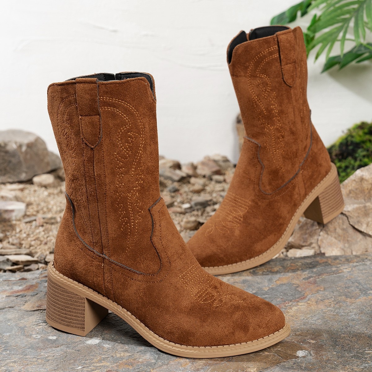 Suede Block Heel Western Boots