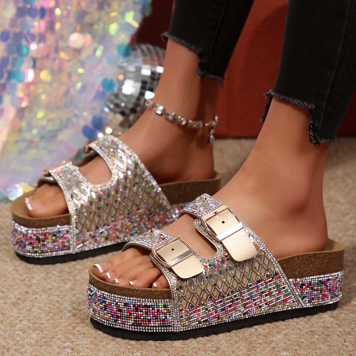 Rhinestone Double Buckle Sandals